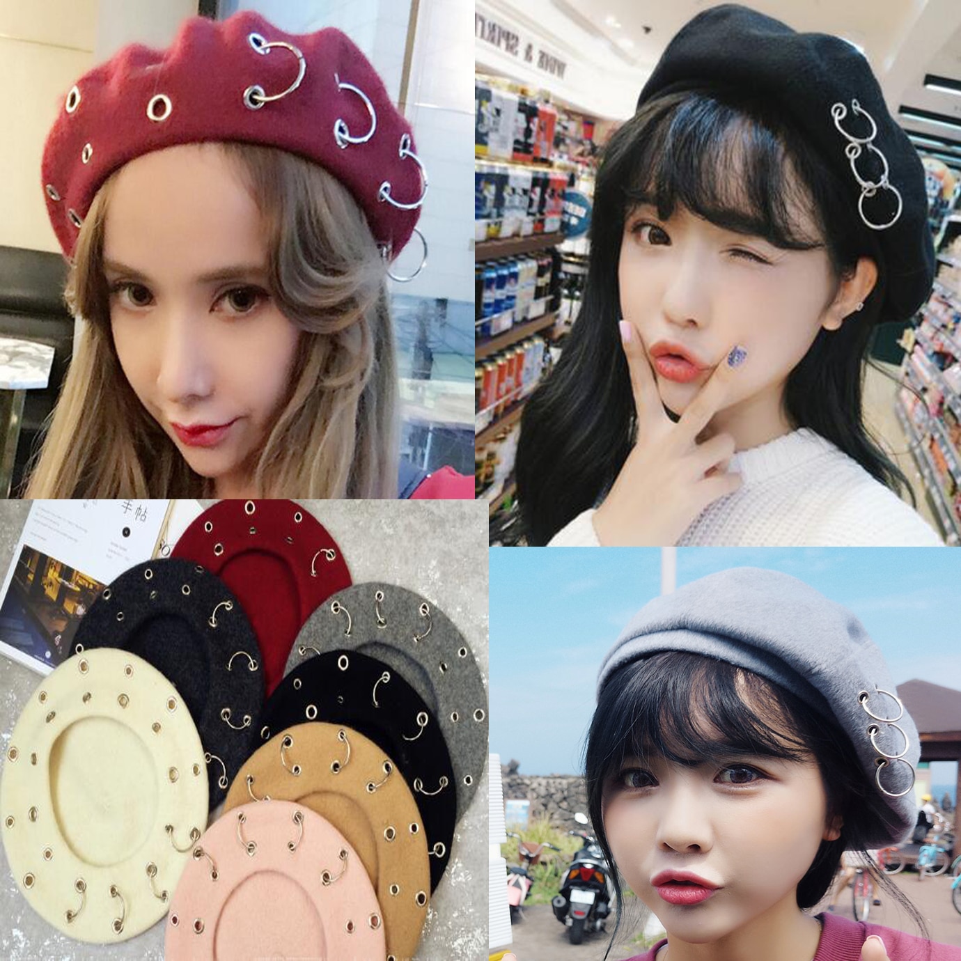 13 Color Ins Tumblr Hipster Rivet Hole & Patchwork Metal Buckle Circle Party/Club/Travel Harujuku Beret Hat