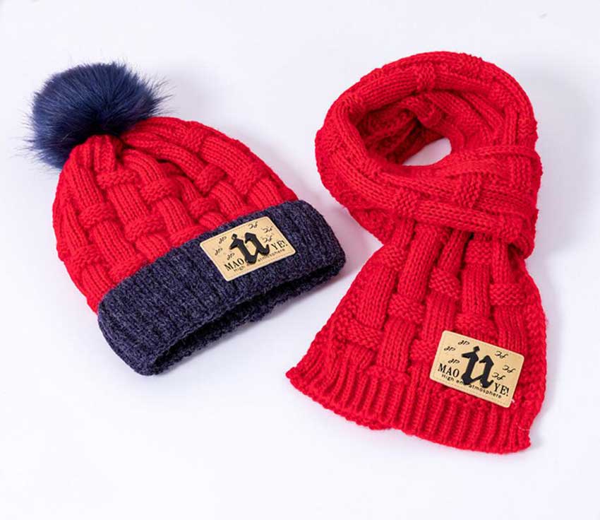 Vinter tjej mössa och halsduk set för barn barn stickade mjuka stretch kabel mössor halsdukar pojkar pompom keps halsdukar varm kostym  m7118: Röd