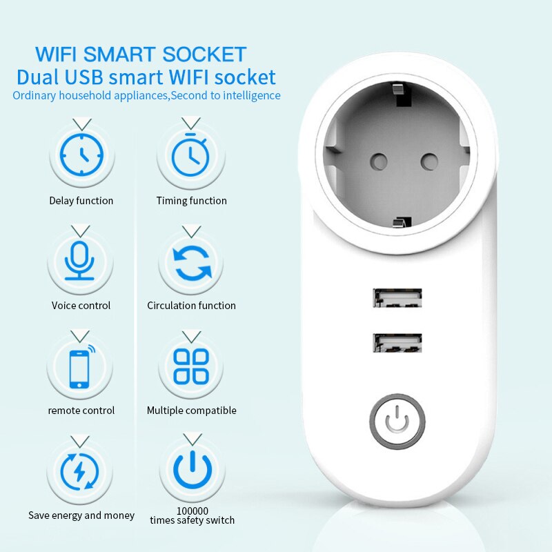 IP20 240V Smart WiFi Socket EU Plug Double USB Port Wireless Smart Plugs Works With Alexa Google Home Intelligence Improvement