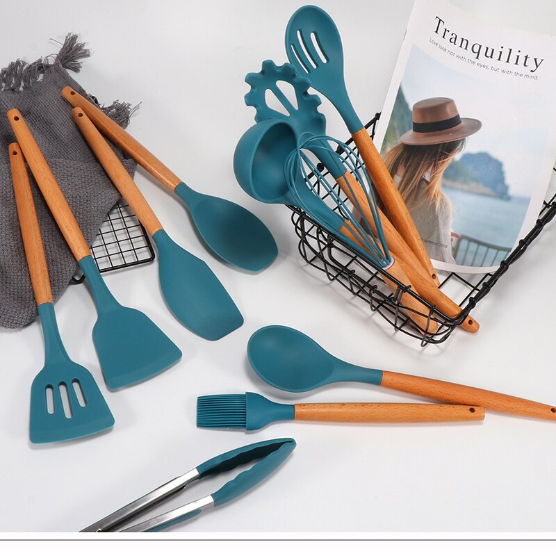 Kitchen Heat Resistant Cookware Silicone Non-stick Kitchenware Egg Beater BBQ Brush Food Tongs Soup Spoon Kitchen Utensils Set