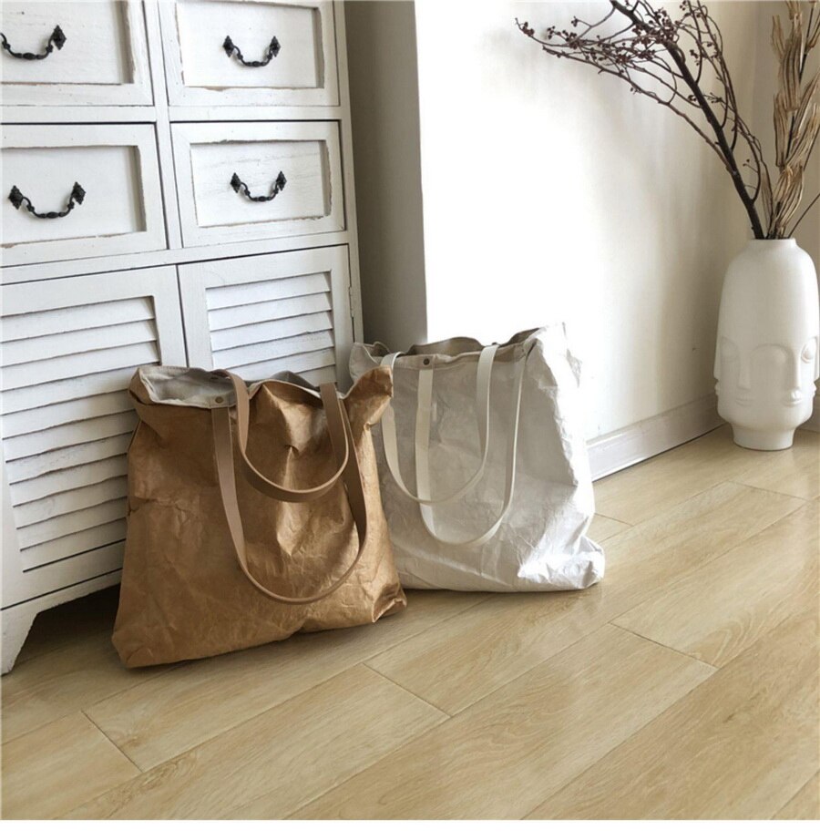 Dupont papir tote taske enkelt skulder håndtaske vaskbar tyvek kraft papir indkøbspose med bomuld hør for