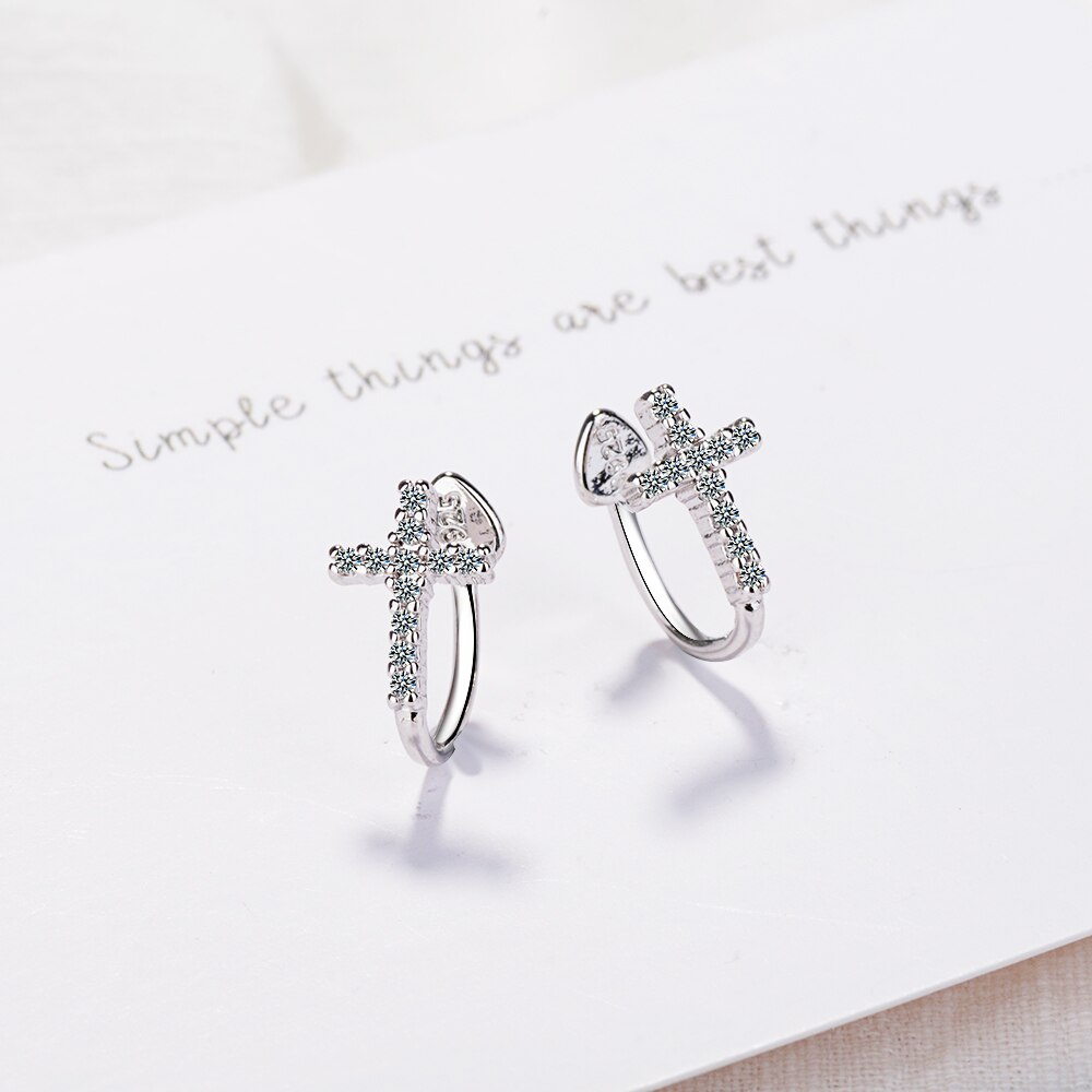 Anenjery Micro CZ Cross Clip Earrings For Women Girl 925 Sterling Silver Earrings boucle d'oreille S-E608