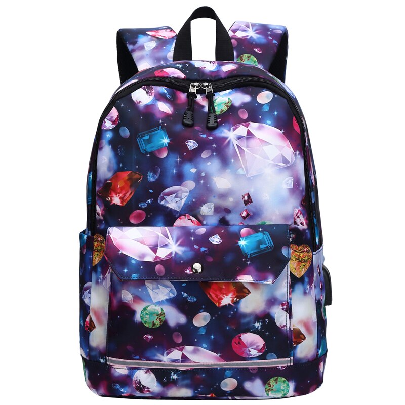 Usb opladning reflekterende skoletasker til teenagepiger vandtæt high school rygsæk kvinder studerende bog taske rejserygsække: Farverig