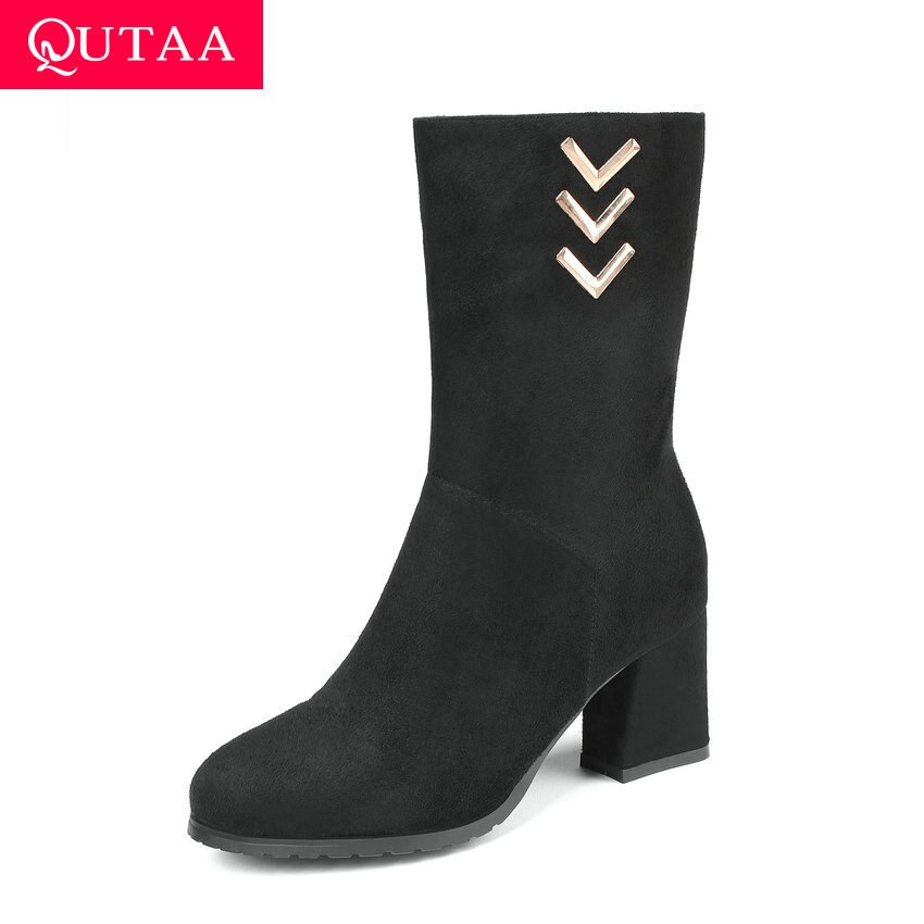Qutaa scrub fyrkantig högklackad dragkedja höst vinter dam skor fritid rund tå metalldekoration mid kalv stövlar storlek 34-43