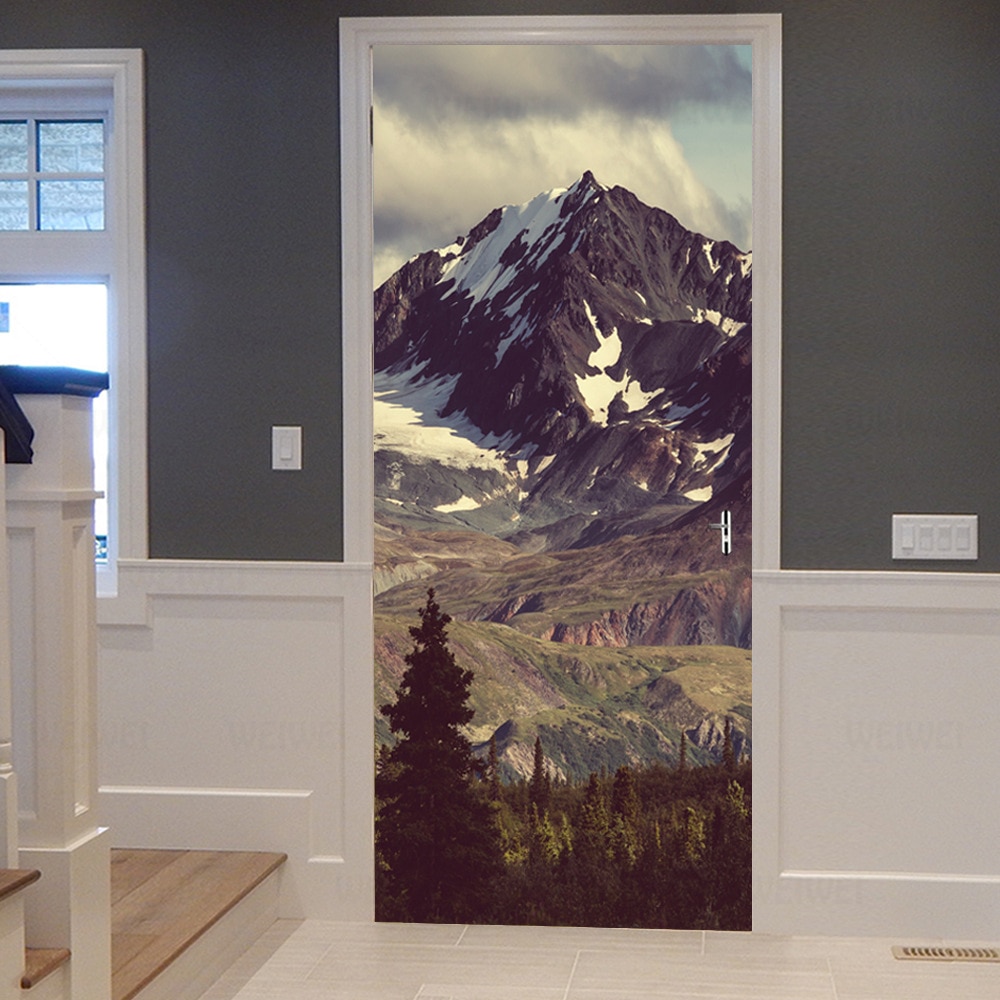 Snow Mountain Beautiful Scene Door Sticker Waterproof Wallpaper For Doors Living Room Bedroom Poster DIY Mural Decals Home Decor