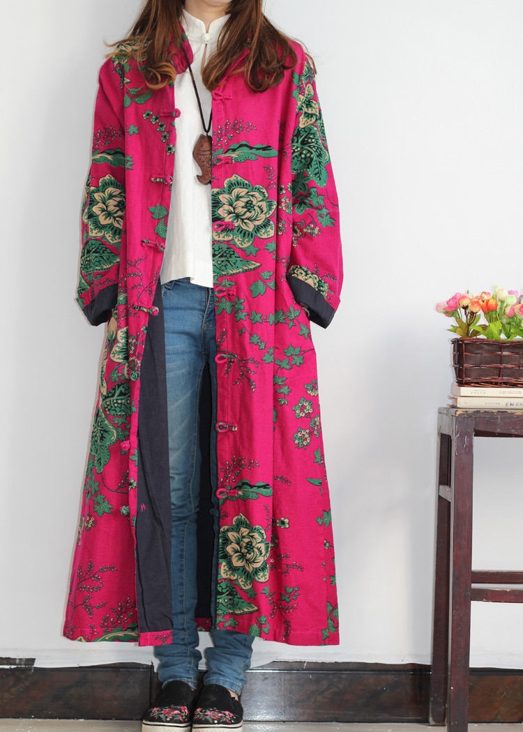 Vinter kvinder vintage broderi blomster trenchcoats kvindelige single breasted linned bomuldsfrakker