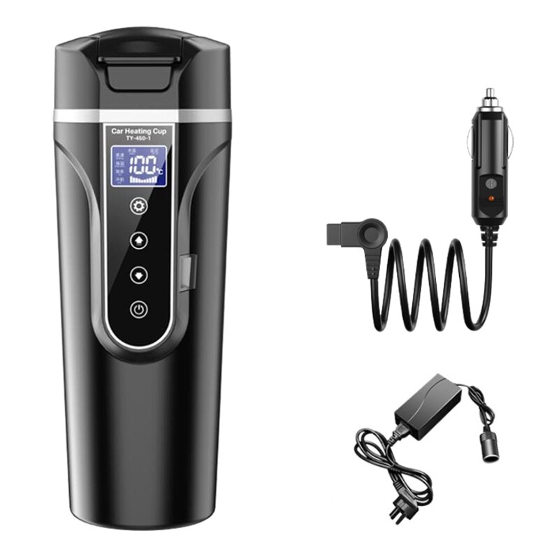 450Ml Stainless Steel Car Electric Heating Mug with Lid, 12/24V Smart Car Home Heating Cup with LCD Display