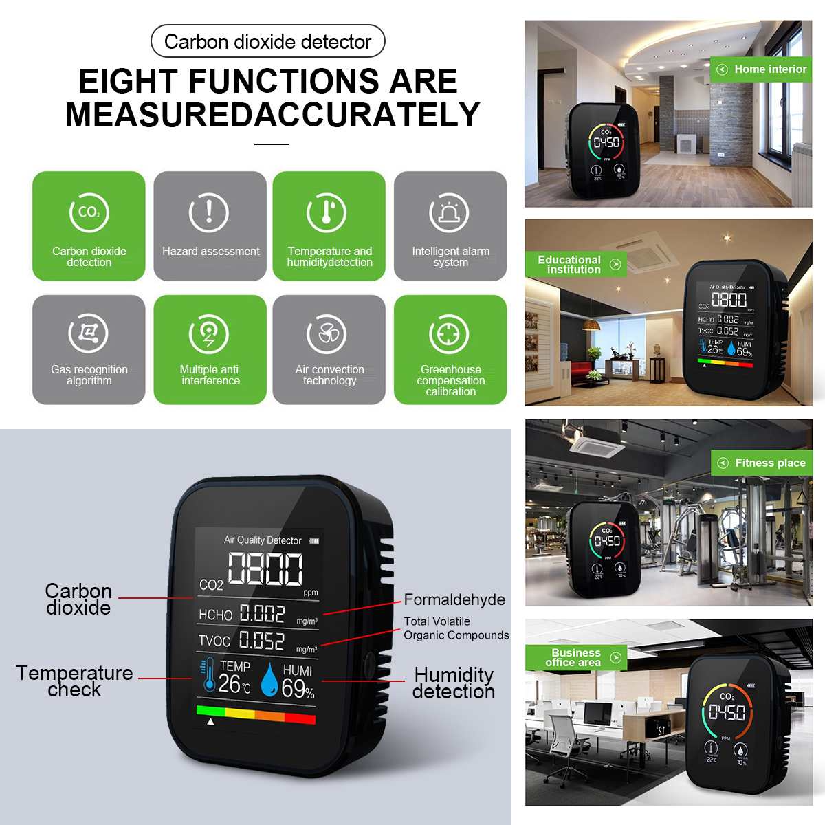 Multifunctional 5 in1 CO2 Meter Digital Temperature Humidity Sensor Tester Air Monitor Carbon Dioxide TVOC HCHO Detector