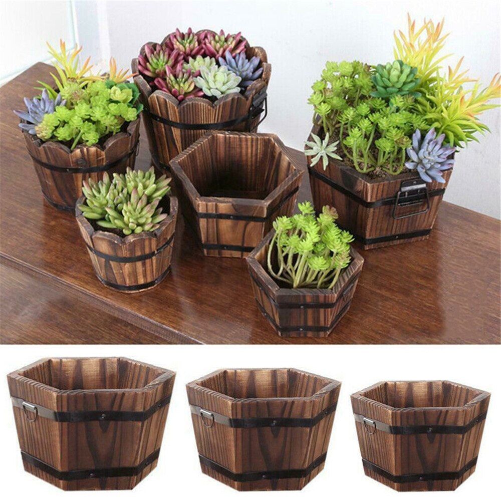 Flower Pots Bucket Rustic Style Wooden Barrel Tub Planter Urns Retro Easy To Move Outdoor Indoor Home Decoration Garden Towl