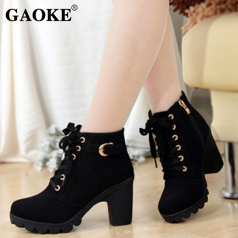 GAOKE Plus Size Enkellaars Vrouwen Platform Hoge Hakken vrouwen Laarzen Gesp Schoenen Dikke Hak Korte Laars Dames