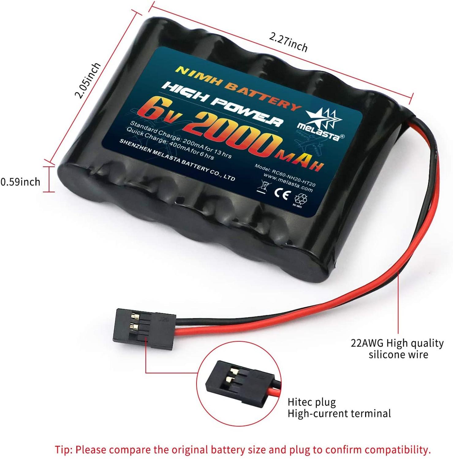 Melasta 2pack 6V 2000mAh NiMH RC Receiver Battery for Futaba RC Airplane Servo Controller Radio Transmitter Rechargeable