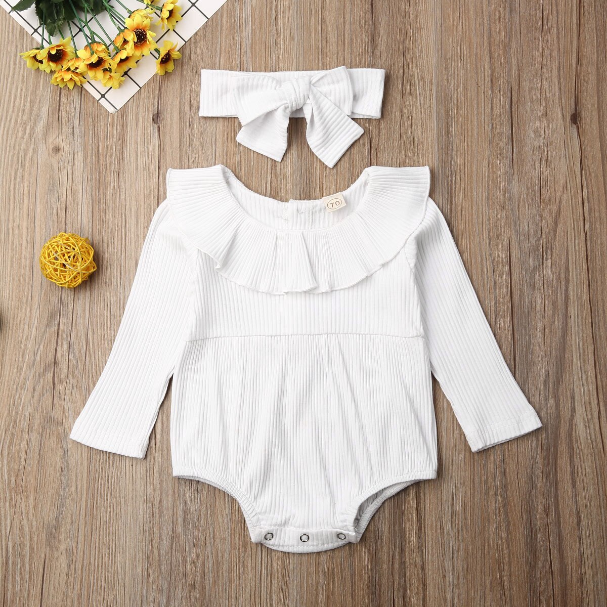Vêtements pour bébés filles, vêtement de printemps et automne, combinaison à volants tricoté à manches longues, couleur unie, ensemble + bandeau,