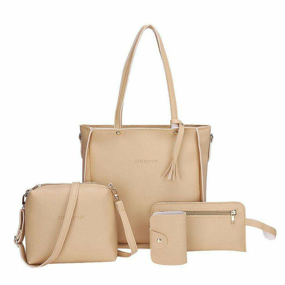 4Pcs Set Women Lychee Pattern Mother-child Four-piece Handbag Messenger Bag Wild Mini Bucket Tassel Single Shoulder: Khaki