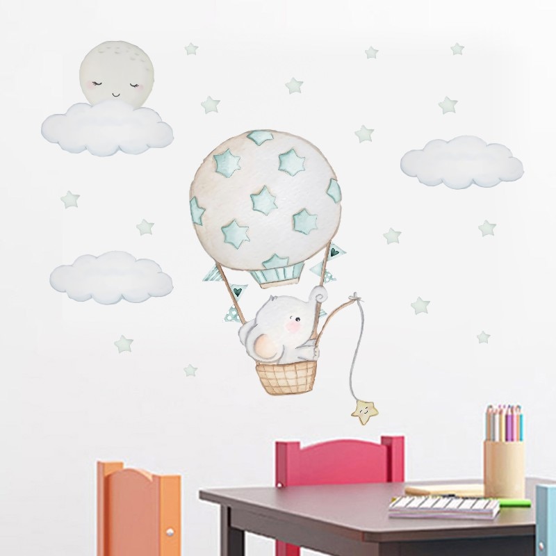 Cartoon Dieren Olifant Muurstickers Voor Kinderkamer Baby Nursery Room Decoratie Lucht Ballon Muurstickers Cloud Moon Stars Pvc