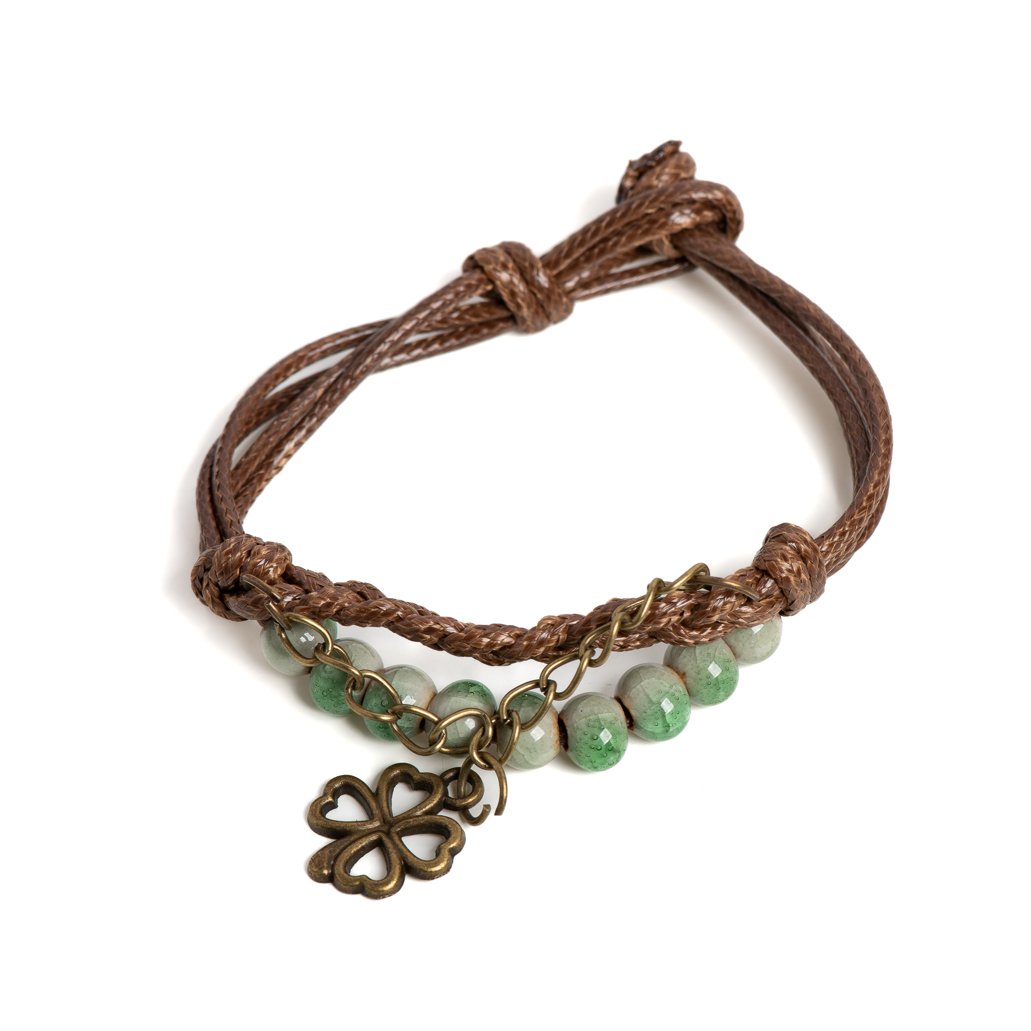 Pulsera de cerámica de trébol de cuatro hojas de la suerte, cordón de cera hecho a mano con cuentas craqueladas, opciones azules y verdes, Vintage para mujer: Marrón rojizo