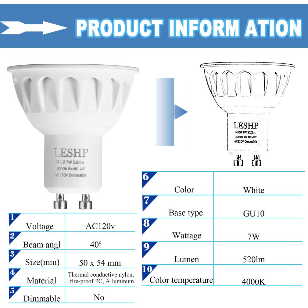 White GU10 AC120V 7W LED Spotlight 4000K 520LM Dimmable 40 Degree Beam Angle Low Power Consumption Compact Light Weight Home Car