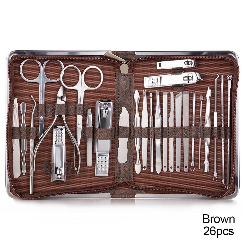 Nail Clippers Set Stainless Full Function Pedicure Tools Kit With Nail Scissors File Acne Needle Tweezers Earpick Manicure Tool: 26 pcs brown