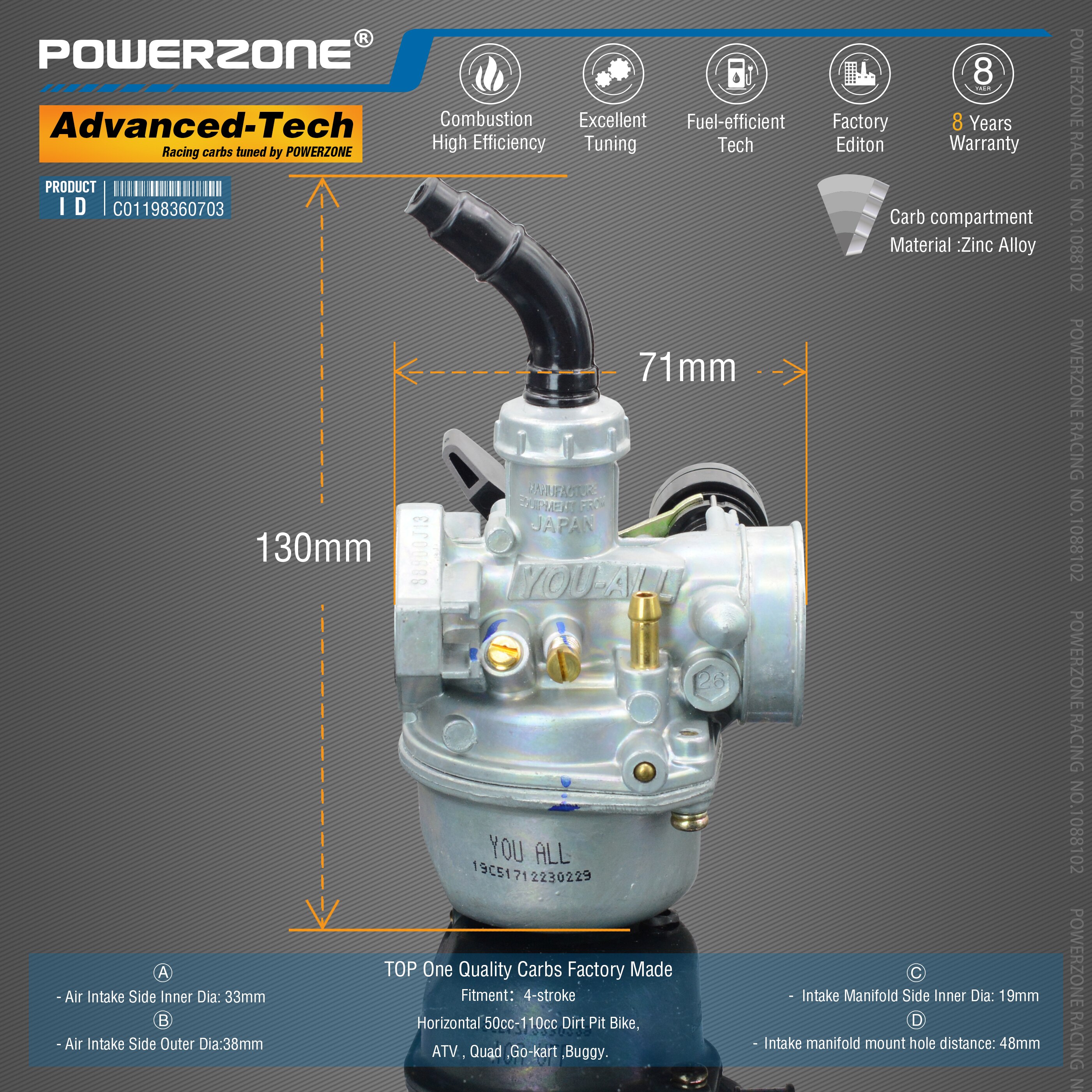 Powerzone Carburateur PZ19 19mm CVK Accelerator Pomp Carb Voor Horizontale 50cc-110cc Dirt Pit Bike, ATV, Quad, go-kart, Buggy