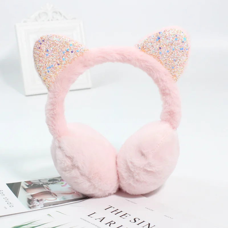 Soft Plush Cute Cat Ear Earmuffs for Women Kids Outdoor Winter Warm Thickened Ear Protector Cold Protection Folding Ear Cover: pink
