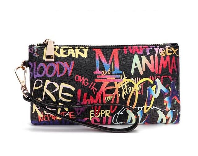 Rainbow Colors Bags Women Colorful Wallets Graffiti Ladies Clutch Bags Leisure Female Lazer Bright Purse Coin Purse: BLACK