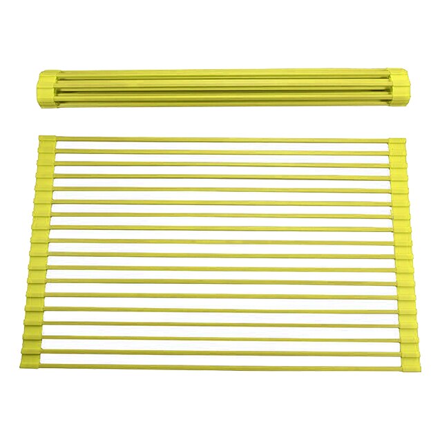 Dishwasher Safe Food Defrost Silicone Coated Foldable Roll Up Stainless Steel Dish Drying Rack: Yellow