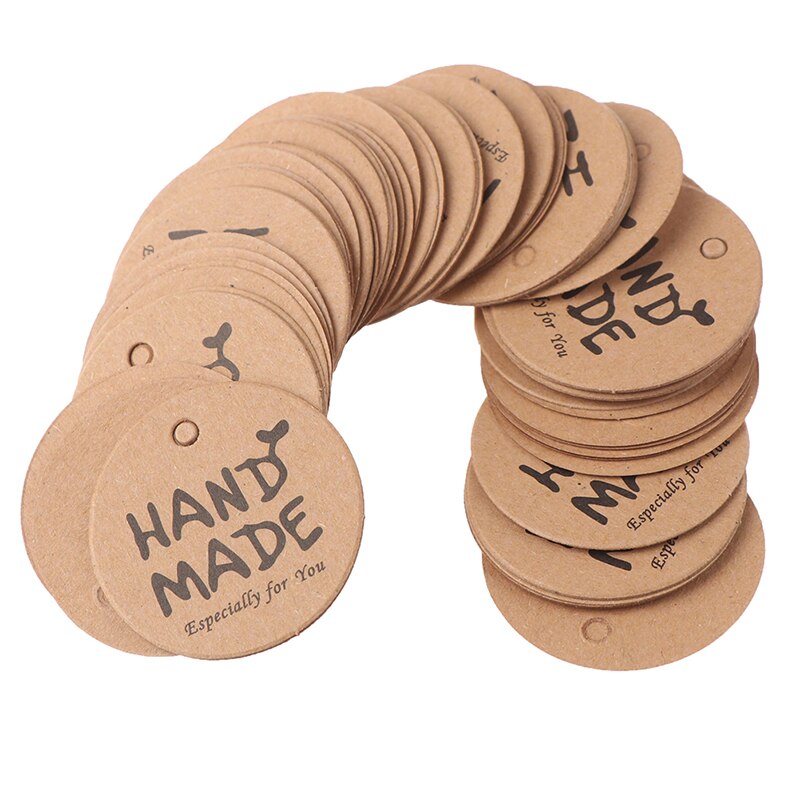 100 pièces rondes faites à la main avec amour Kraft papier étiquettes volantes + 20m chanvre cordes vêtement bagages étiquettes papier étiquettes