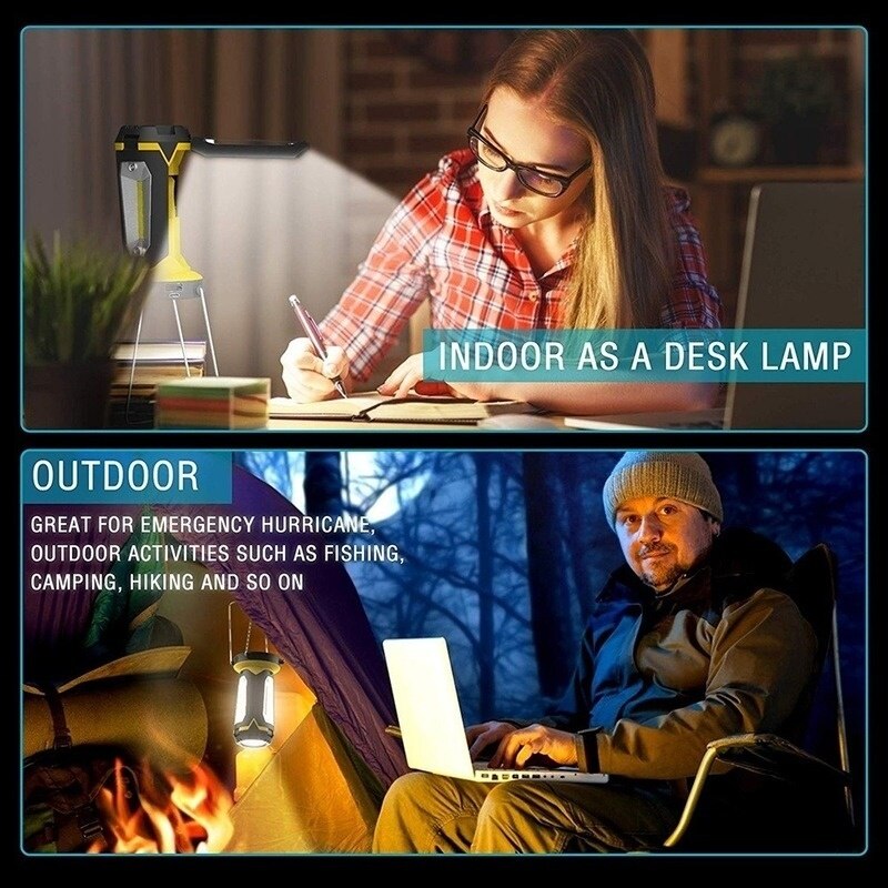 Handheld LED work light COB LED inspection work light 90°rotation folding camping light portable tent LED light charging via USB