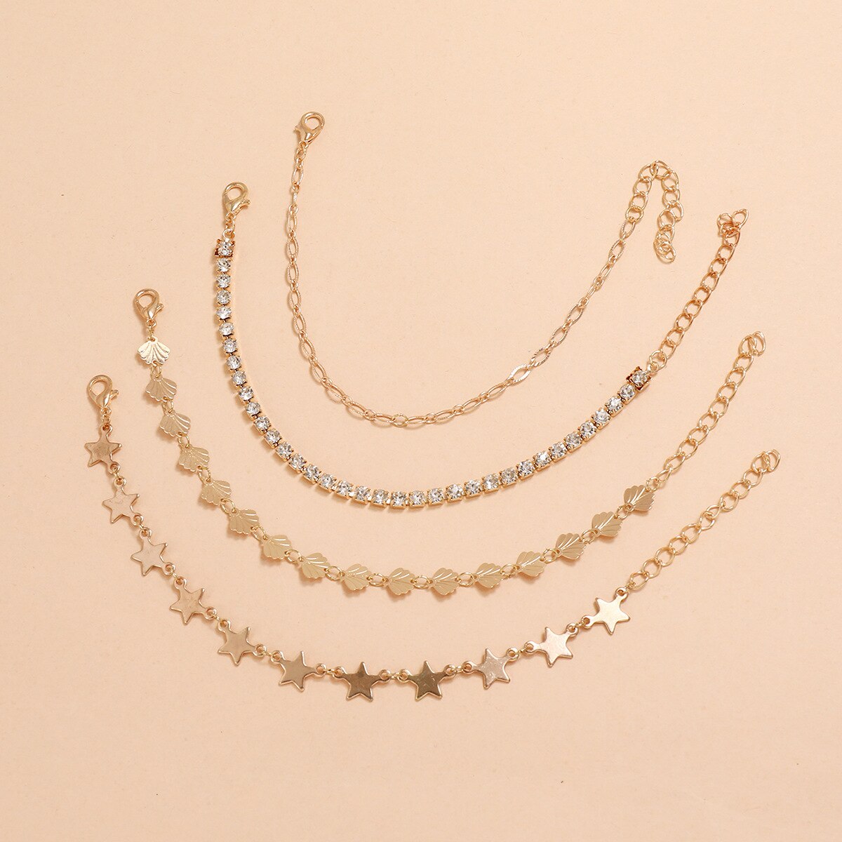 Armbanden met bedels van legering in goudkleur, sterren en schelpen, set van 4 , armbanden met strasssteentjes voor dames, sieraden en handkettingen