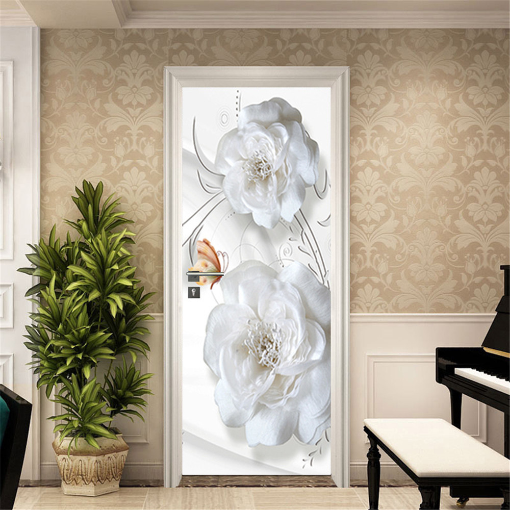 3D Flower Modern Door Stickers White Picture Home Decoration Bedroom Living Room Door Decals Self-Adhesive Two-Pieces Set