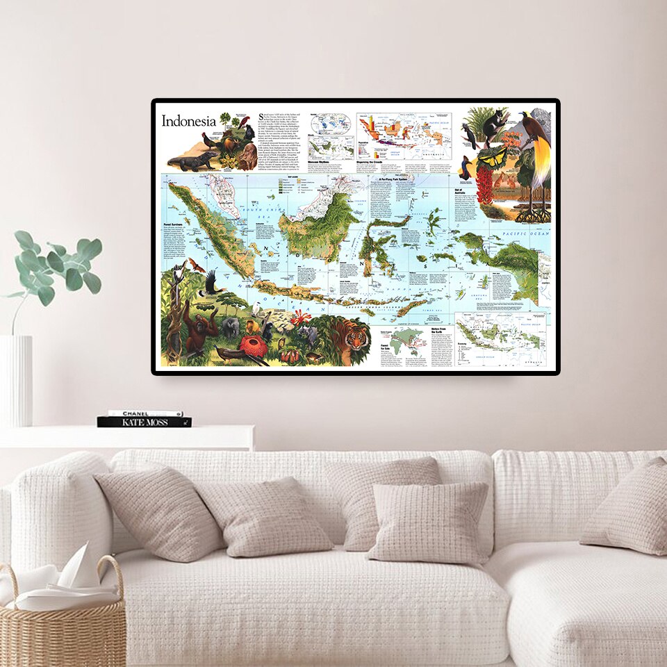 90*60cm Map of Indonesia Retro Wall Art Poster Canvas Painting Fabric Cloth School Supplies Living Room Home Decoration
