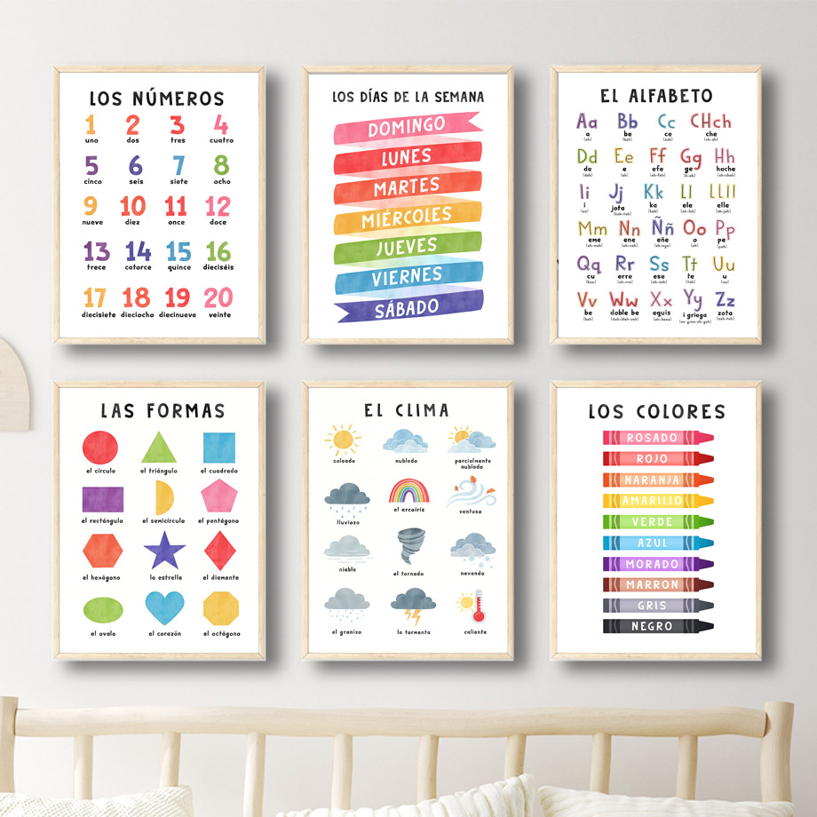 Alfabeto español educativo, números, clima, arte de pared para guardería, pintura en lienzo, carteles e impresiones, imagen para decoración de habitación de bebés y niños