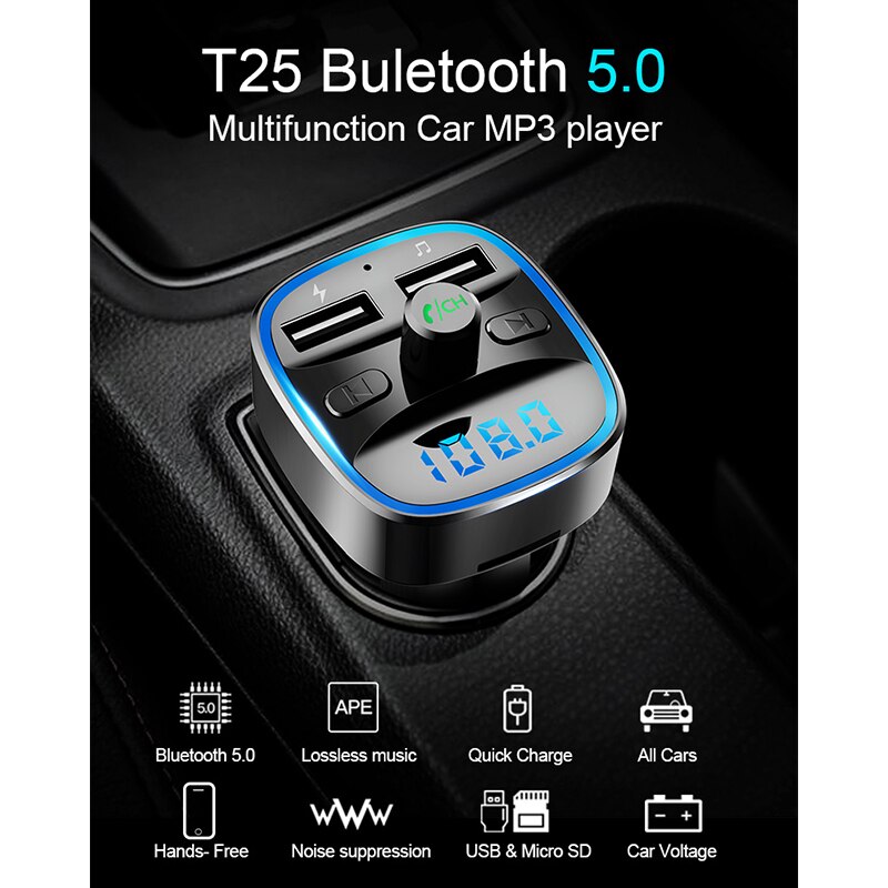 Auto Mp3 Muziekspeler Bluetooth 5.0 Ontvanger Fm-zender Dual Usb Autolader U Disk Tf Card Lossless Muziekspeler