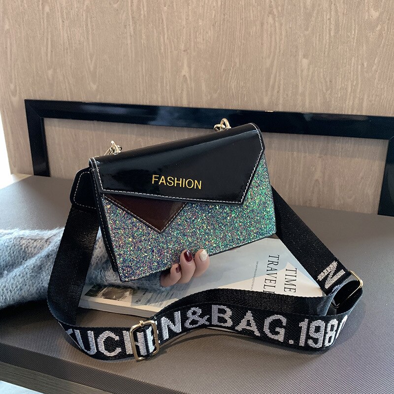 Women's Bag Mini Bag Korean-Style Sequin Girl's All-match Wide Shoulder Strap Shoulder Bag Messenger Bag YUBAI