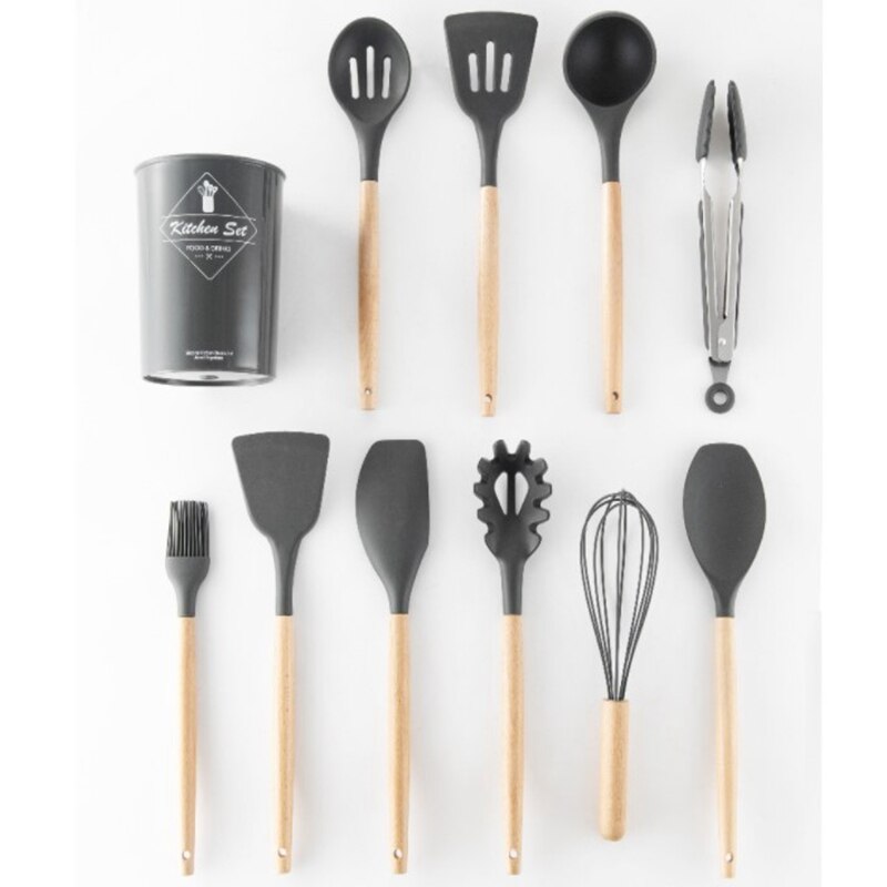 Silicone Cooking Utensils Set Soup Spoon Spatula Brush Non-Stick Shovel Wooden Handle Kitchen Tool Heat-Resistant