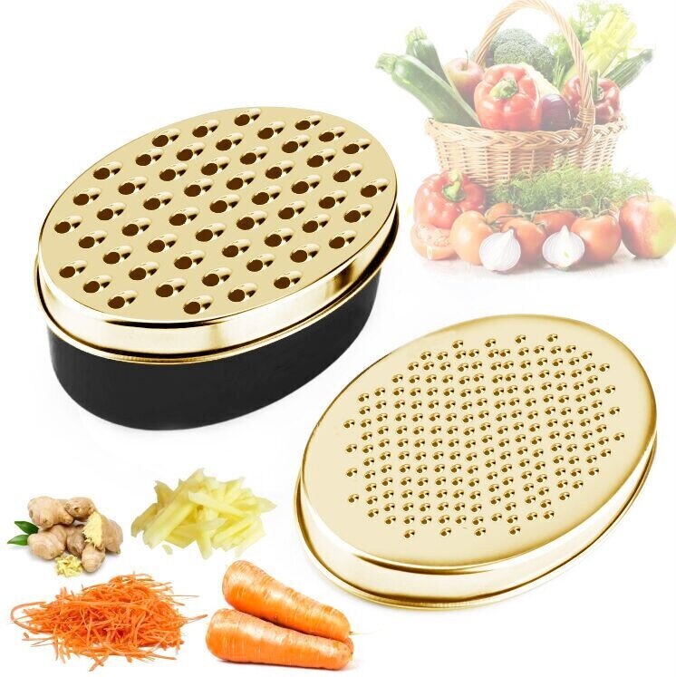 Rallador de queso de oro rosa, rebanador multifuncional, contenedor ovalado de verduras, herramientas de frutas rápidas de fácil limpieza con 2 cuchillas ralladoras: BLACK GOLD
