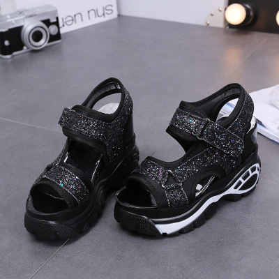 Women's Leather Sandals Spring Summer Ladies Walking Shoes Casual High Platform Sandals Med Heel Wedges Walk Shoes: Black / 39