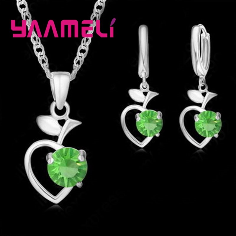 Summer Specials 925 Sterling Silver Jewelry Set Green White Pink Fruit Pendant Necklace/Hoop Earrings/Chain for Wedding