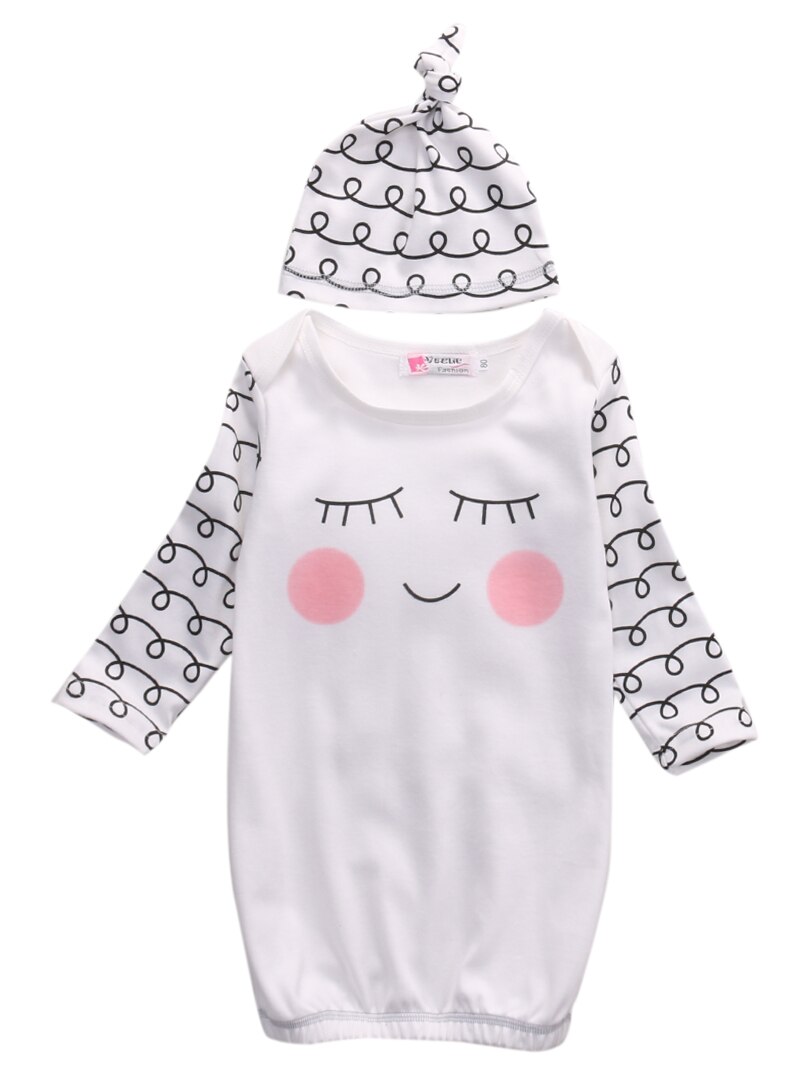 Sødt nyfødt spædbarn søvnige øjne langærmede o-hals hvide klæder+rosa kinder outfit babykjole hat 2 stk sæt 0-6m