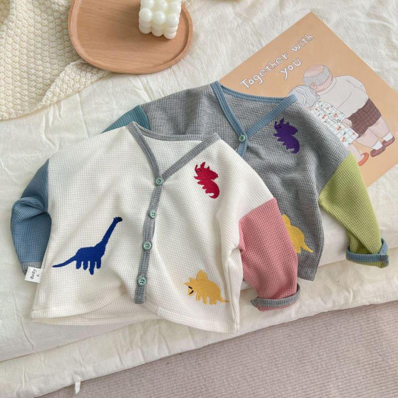 2022 Lente Baby Dinosaurus Vest Print Leuke Animal Print Jongens Meisjes Gebreid Vest Single Breasted Lange Mouwen Jas Jas