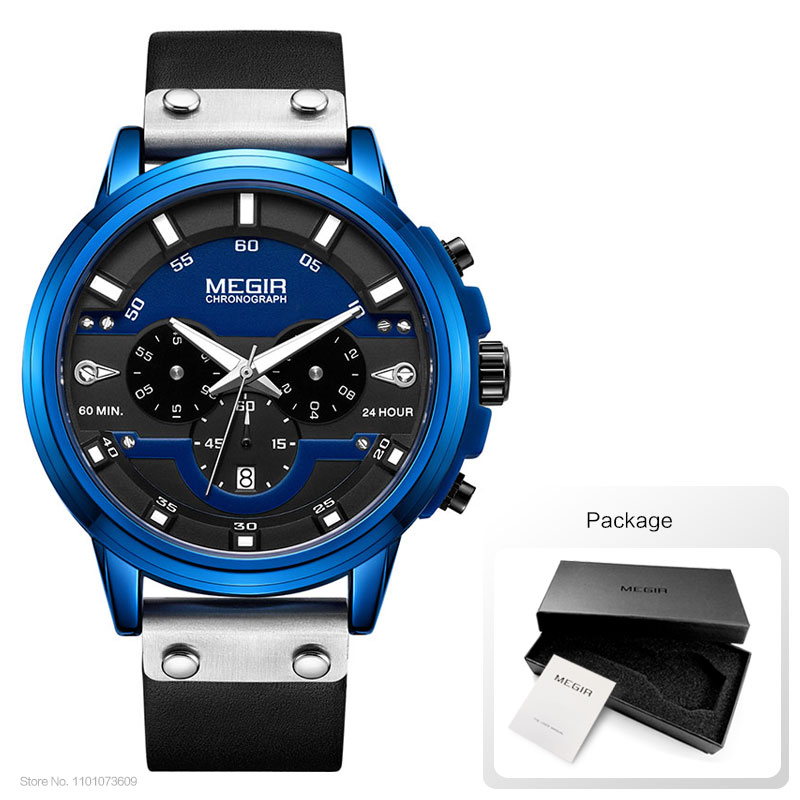 MEGIR 24 Stunden Chronograph Quarz Uhren Wasserdicht Casual Leder Armbanduhr für Mann Leuchtende Hände Sport Uhr 2080 Gelb: Blau