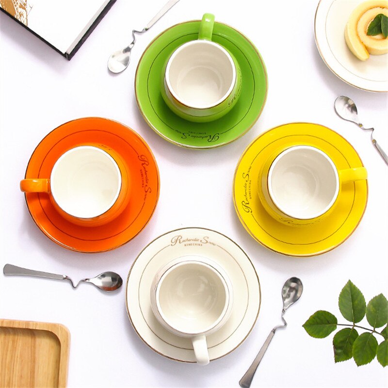 European Simple Cute Coffee Cup with Saucer Spoon Set Bone China Ceramic Tea Cup Office Milk Mug Drinkware