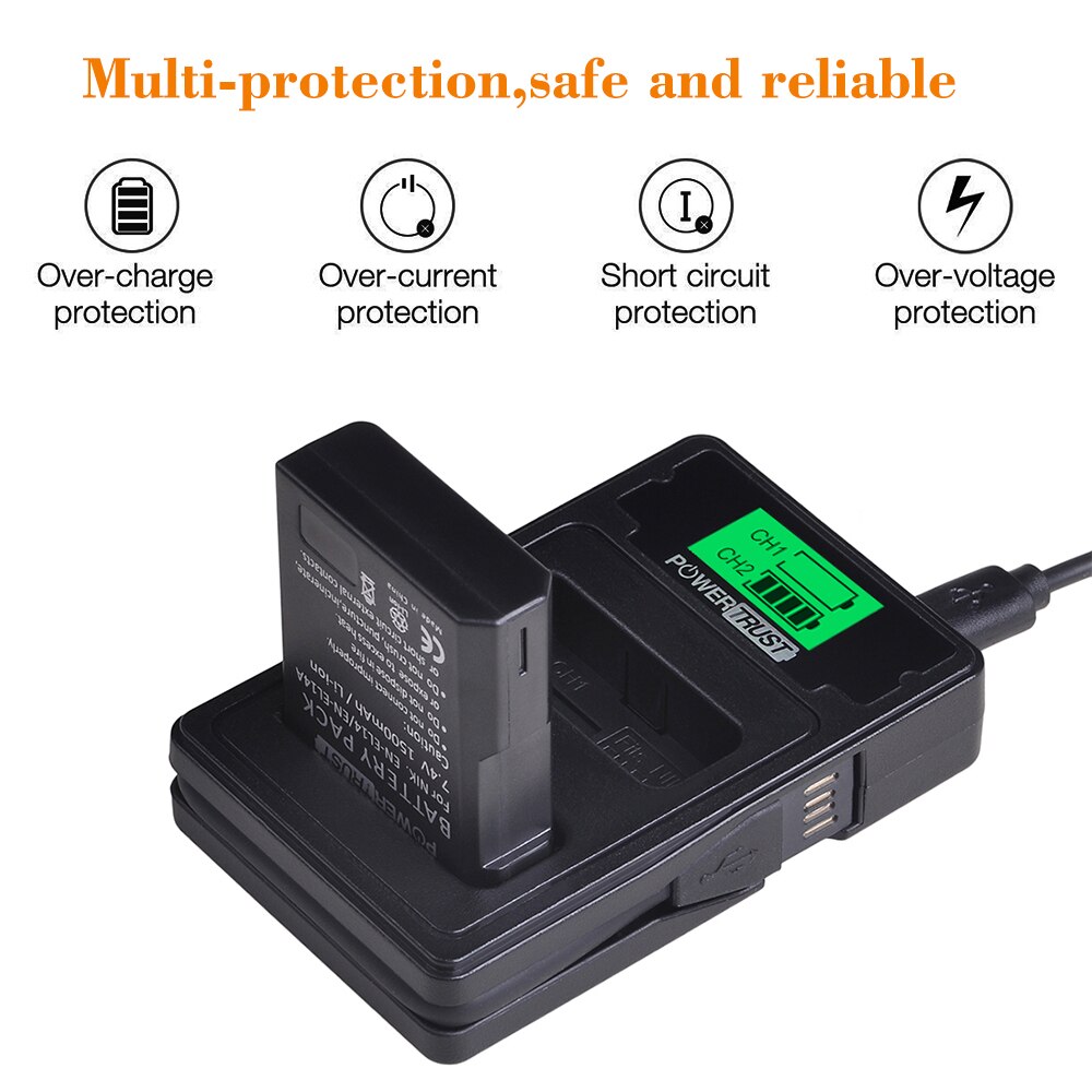 EN-EL14 EN-EL14A Battery+LCD USB Dual Charger with Type C Port for Nikon D3100 D3200 D3300 D3400 D3500 D5600 D5100 D5200 P7000: 1B with charger
