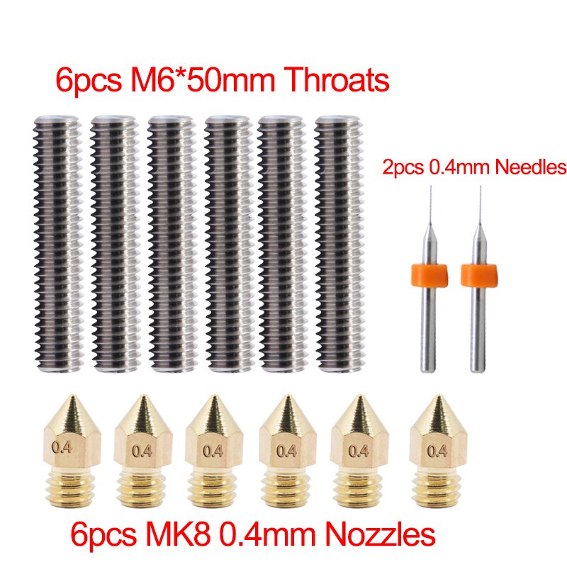 Kingroon 3d druckerteile: 30 x 40 x 50mm m6 x hals mit schlauch, 0.4mm mk8 x düse aus messing, 0.4mm x reinigungsnadeln, diy-kit: M6 50mm kehlkopfsatz