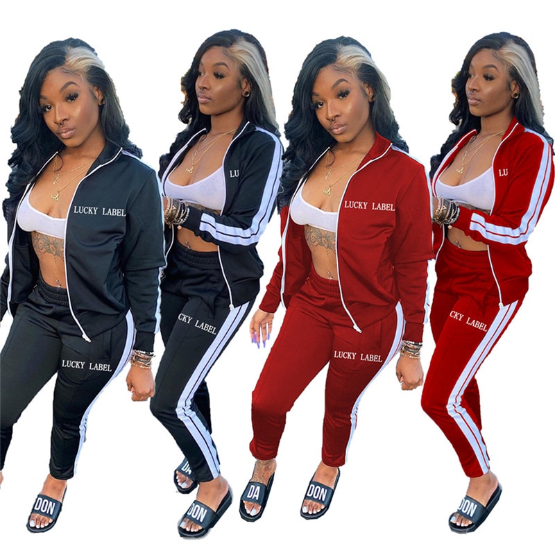 Lucky Label 2 Piece Set Women Sportwear striped Outfits Zip Top Leggings Pants Matching Set