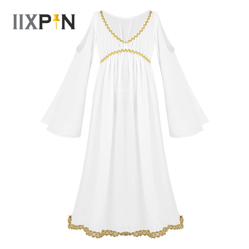 IIXPIN Kids Girls Greek Halloween Costume Aphrodite Athene Cosplay Long Sleeves V-neckline Gold Trim Role Play Dress