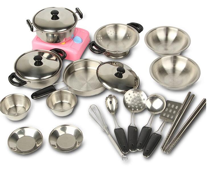 18 Stücke Edelstahl Miniatur Küchenutensilien einstellen freundlicher Spielhaus Kochen Werkzeuge vorgeben Spielzeug Für freundlicher Spielzeug