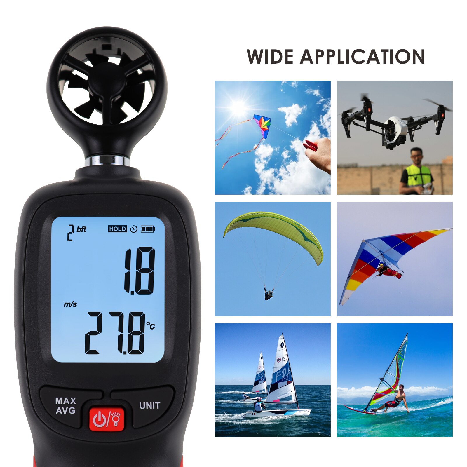 Digital Wind Speed Anemometer Handheld Temperature Air Velocity Wind Chill Measurement Gauge w/ Data Recording Beaufort Scale