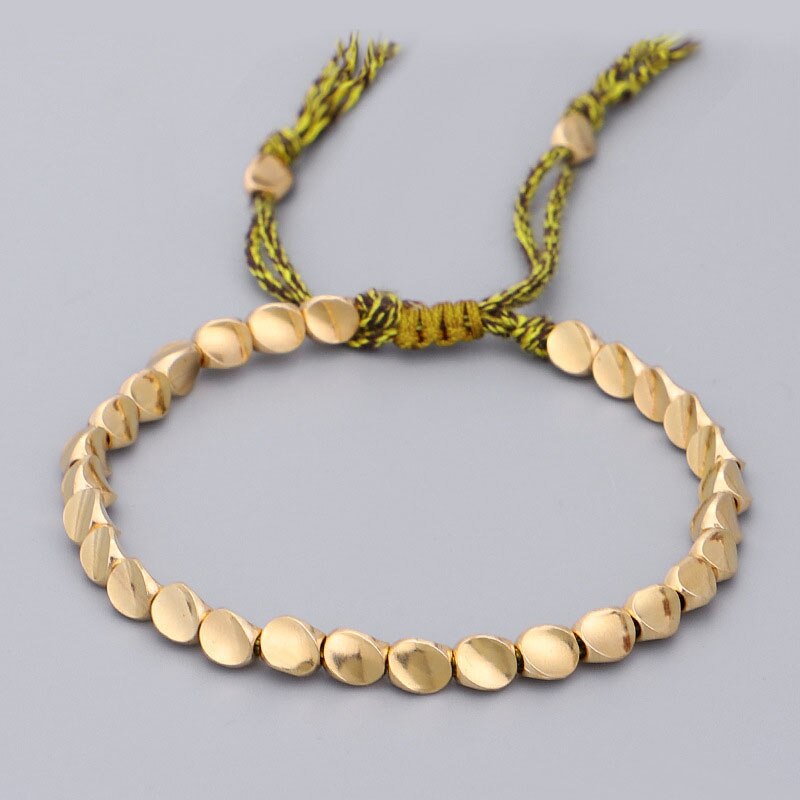 Pulseira tibetana feita à mão de cobre com miçangas, para mulheres, corda ajustável, pulseiras masculinas, cor dourada trançada, boho, joia vintage, presente: Verde