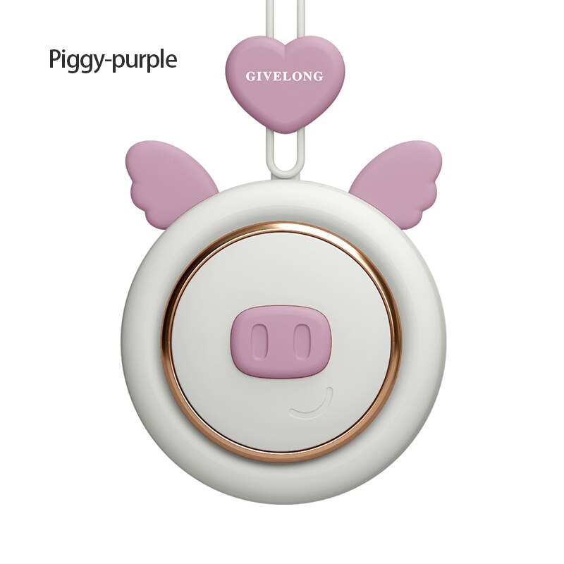 2021 nowy 1PC mini bezłopatkowy opaska na szyję wentylator bezprzewodowy słodkie zwierzątko wiszące liny przenośne wentylatory ładowania USB 3rd koła zębate prędkości wentylować: Piggy purpurowy