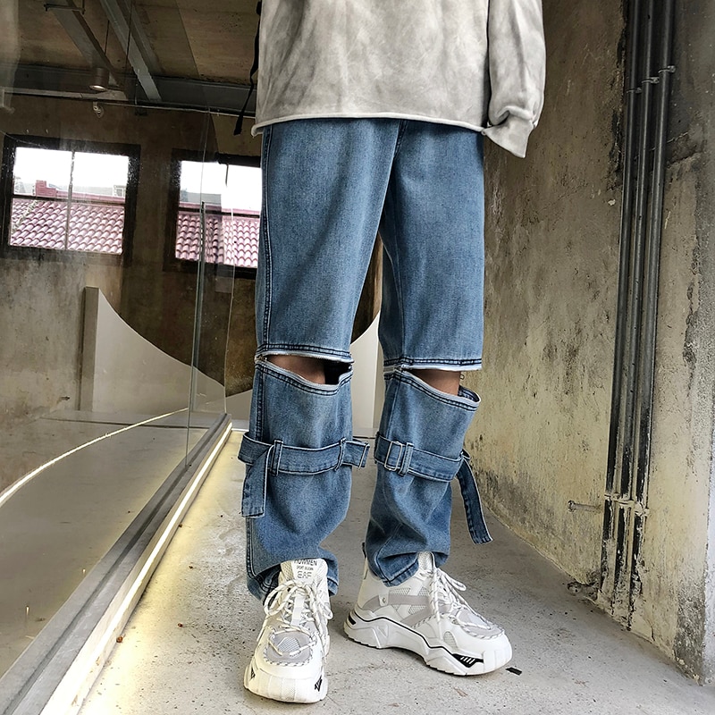 Japanska jeans för män hip hop tide brand avtagbara breda ben lösa raka byxor casual män kläder jeansbyxor män